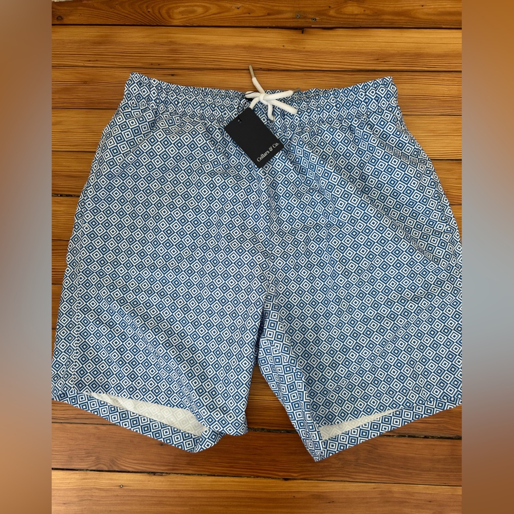 Blue Geometric Patterned Swim Shorts